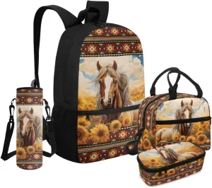 Kids Bookbag Set for 3rd Grade Girls 17 Inch Horse Backpack with Lunchbox and Water Bottle Holder Ages 8-10 Lightweight Casual Travel Rucksack