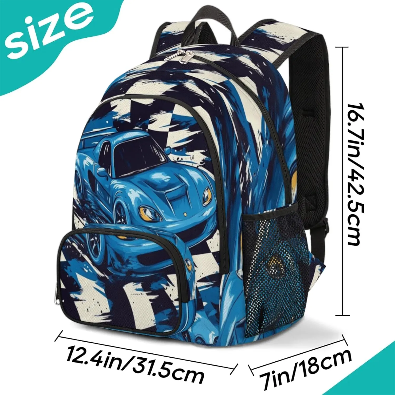 Kids School Backpack for Boys Girls - Lightweight Waterproof Bookbag Elementary Primary School Bag Outdoor for Students College Travel Daypack with Chest Strap 16.7 Inch, Car Racing
