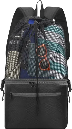 KISLANE Mesh Beach Backpack Bag with Cooler Bottom, Mesh Beach Backpack for Summer Camping Vacation