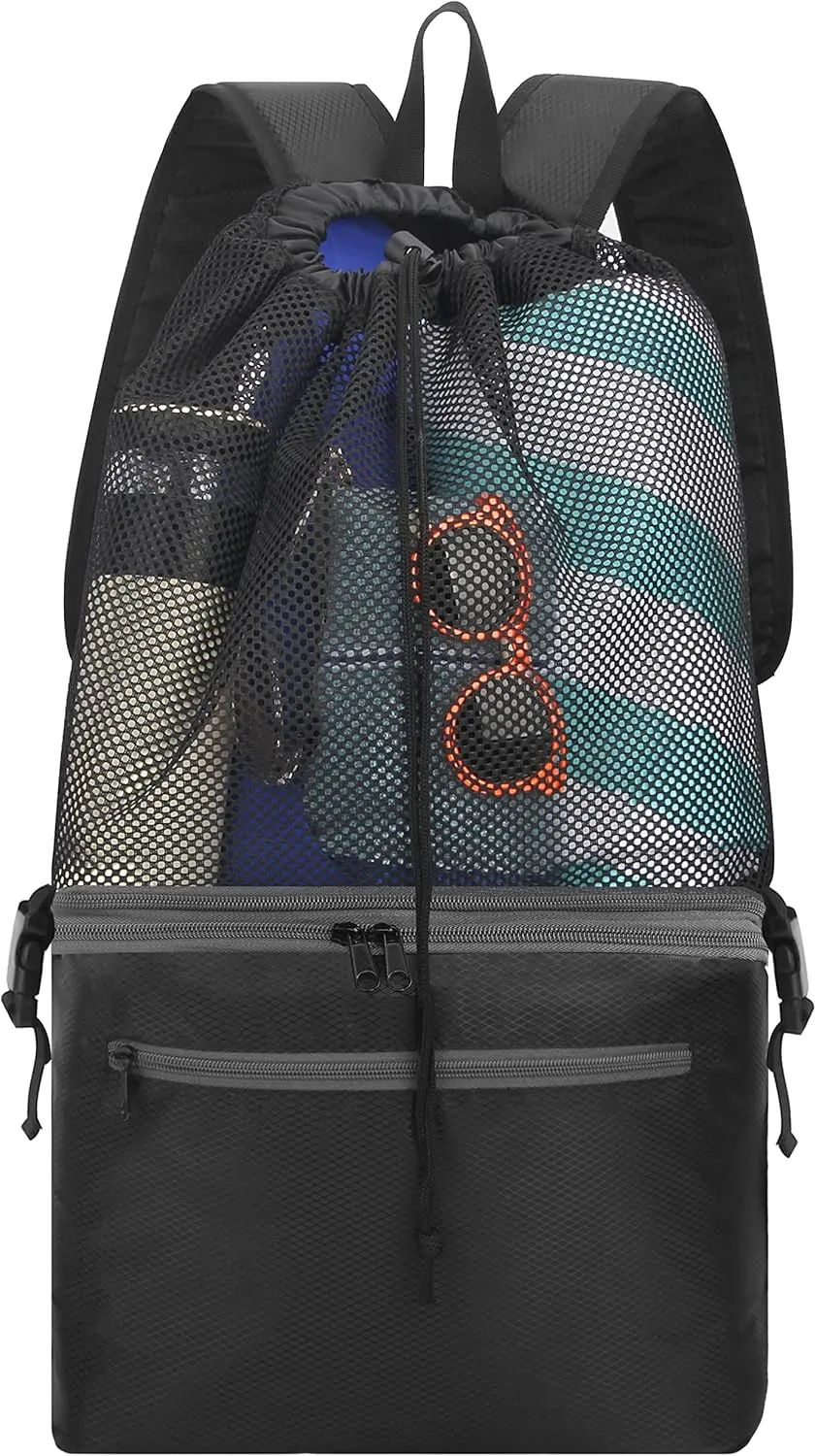 KISLANE Mesh Beach Backpack Bag with Cooler Bottom, Mesh Beach Backpack for Summer Camping Vacation