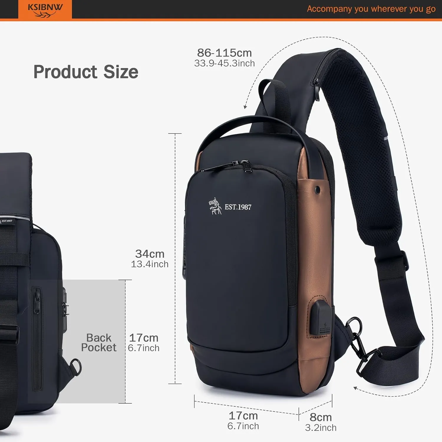 KSIBNW Sling Backpack Anti-theft Crossbody Chest Sling Bag with USB Charging Port Daypack PU Leather Shoulder Black Daypack Fanny Pack for Women Men