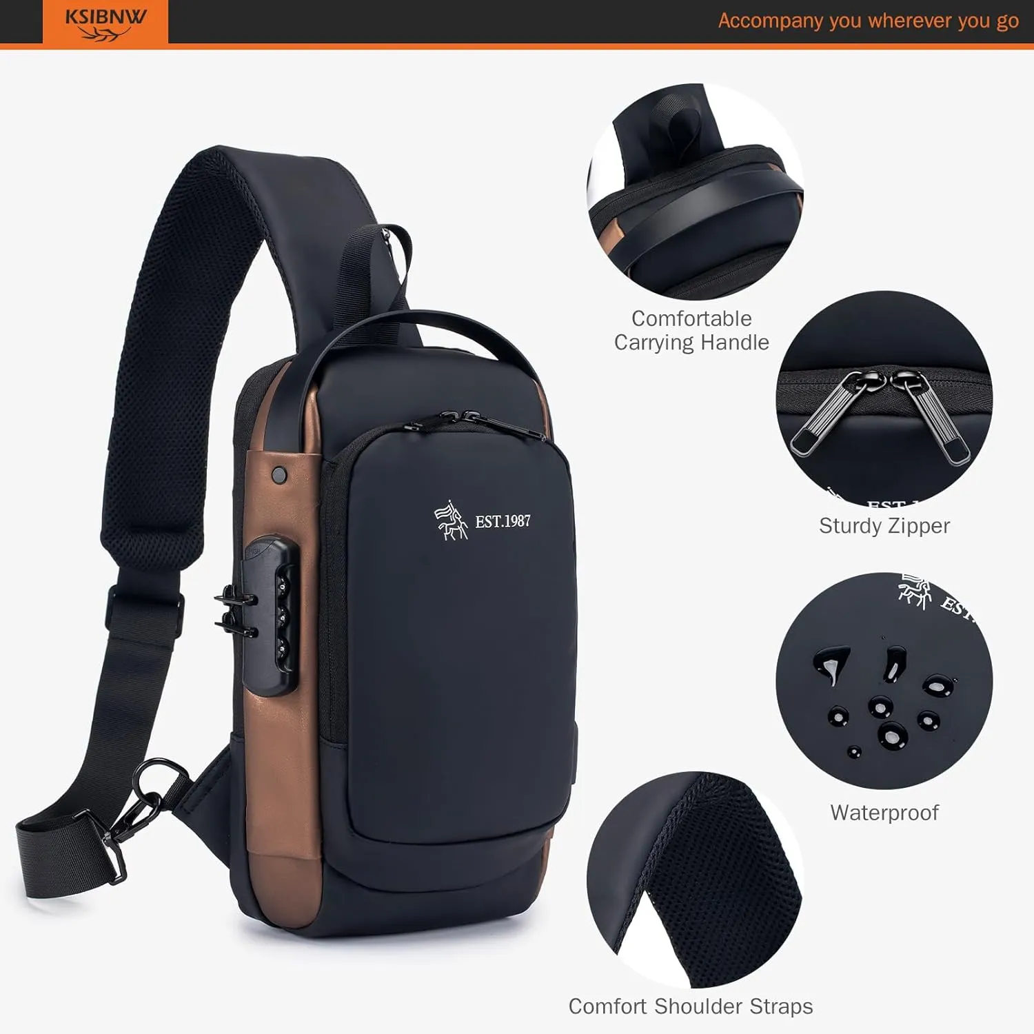 KSIBNW Sling Backpack Anti-theft Crossbody Chest Sling Bag with USB Charging Port Daypack PU Leather Shoulder Black Daypack Fanny Pack for Women Men