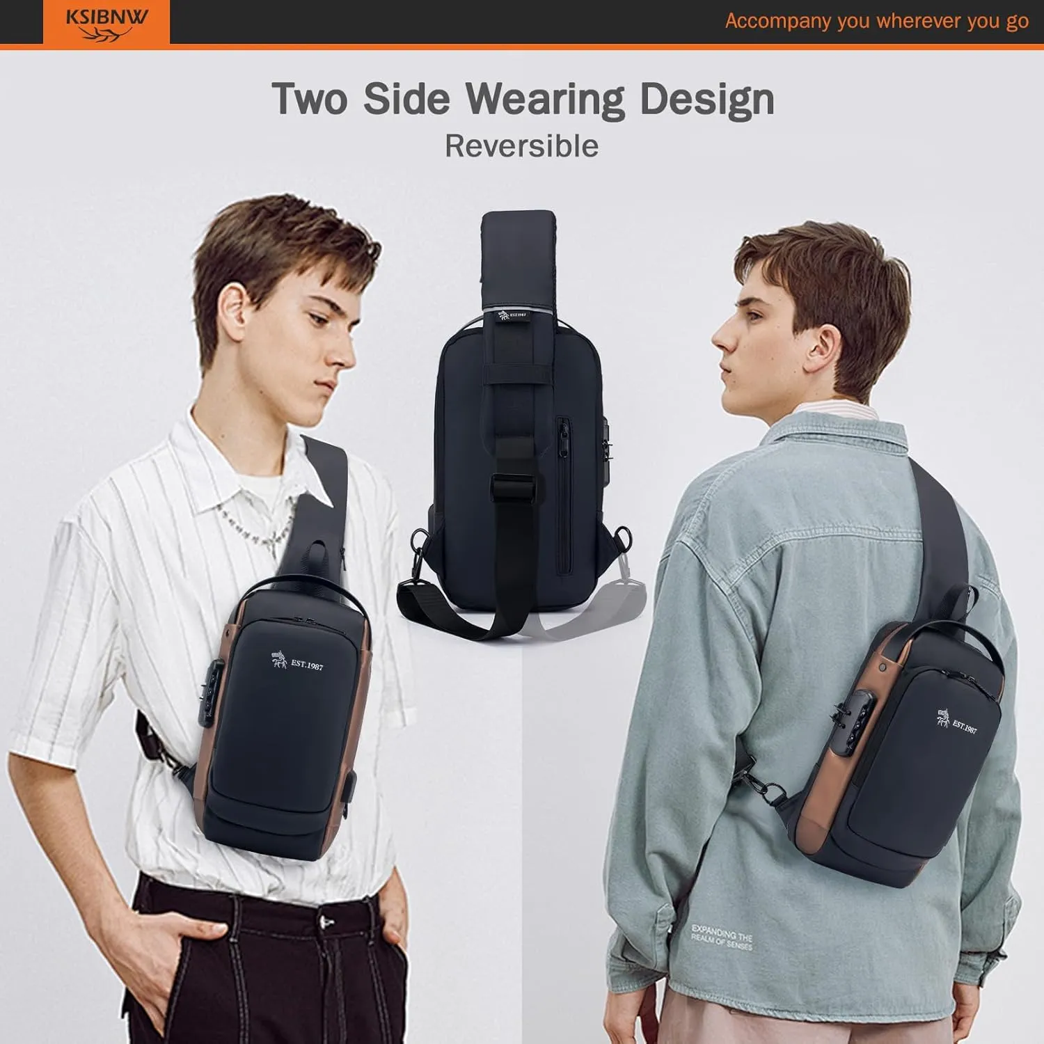 KSIBNW Sling Backpack Anti-theft Crossbody Chest Sling Bag with USB Charging Port Daypack PU Leather Shoulder Black Daypack Fanny Pack for Women Men