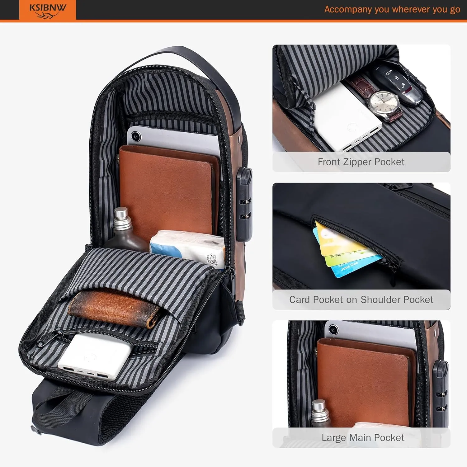 KSIBNW Sling Backpack Anti-theft Crossbody Chest Sling Bag with USB Charging Port Daypack PU Leather Shoulder Black Daypack Fanny Pack for Women Men