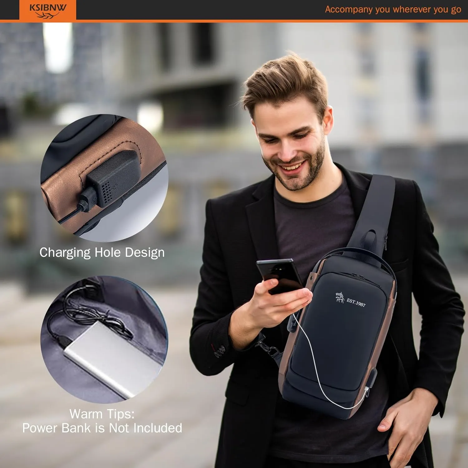 KSIBNW Sling Backpack Anti-theft Crossbody Chest Sling Bag with USB Charging Port Daypack PU Leather Shoulder Black Daypack Fanny Pack for Women Men