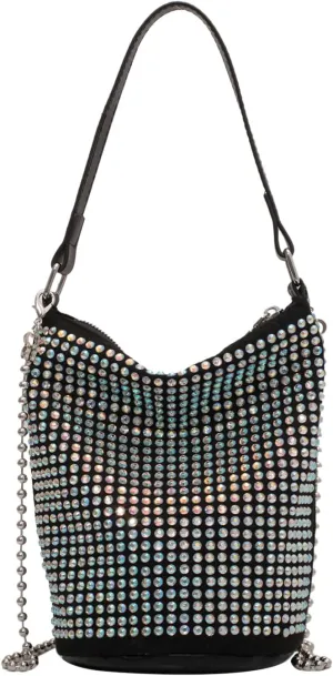 KUANG! Rhinestone Rivets Bucket Hobo Bag Chic Bling Evening Purse Women Suede Small Tote Handbag for Prom Party
