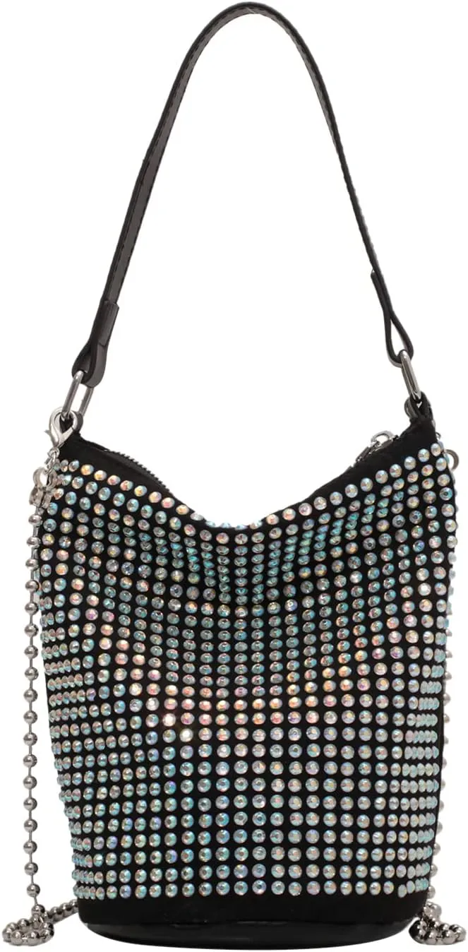 KUANG! Rhinestone Rivets Bucket Hobo Bag Chic Bling Evening Purse Women Suede Small Tote Handbag for Prom Party