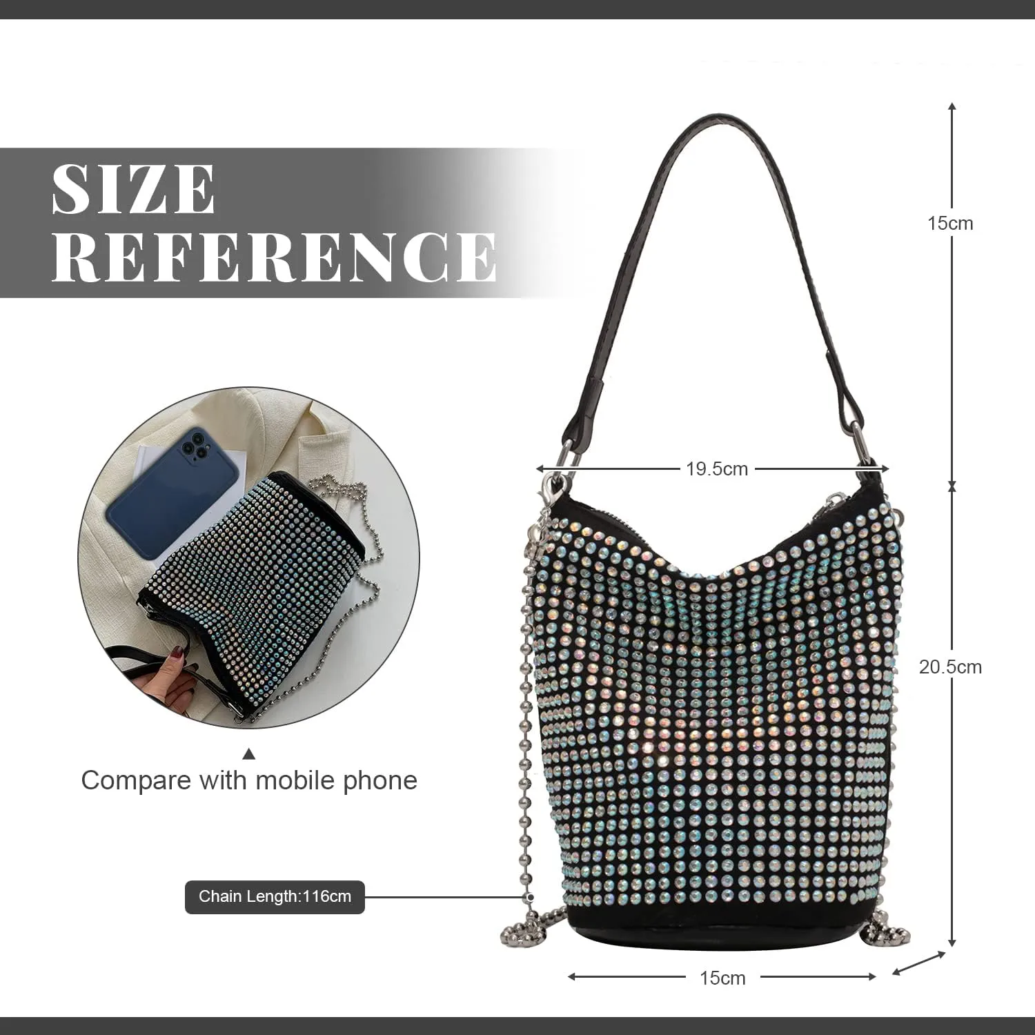 KUANG! Rhinestone Rivets Bucket Hobo Bag Chic Bling Evening Purse Women Suede Small Tote Handbag for Prom Party