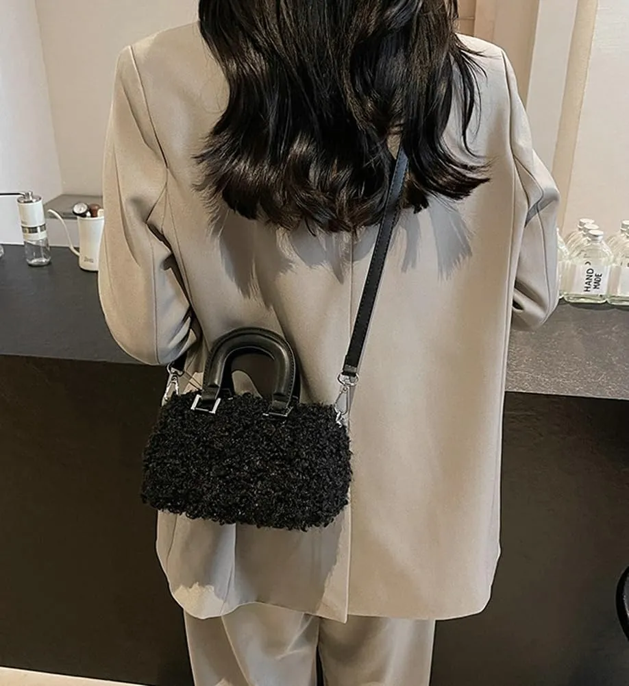 Lamb Wool Crossbody Handbags for Women Fuzzy Purses for Women Vintage Boston Bag Satchel Purse Shoulder Bag Hobo Bag