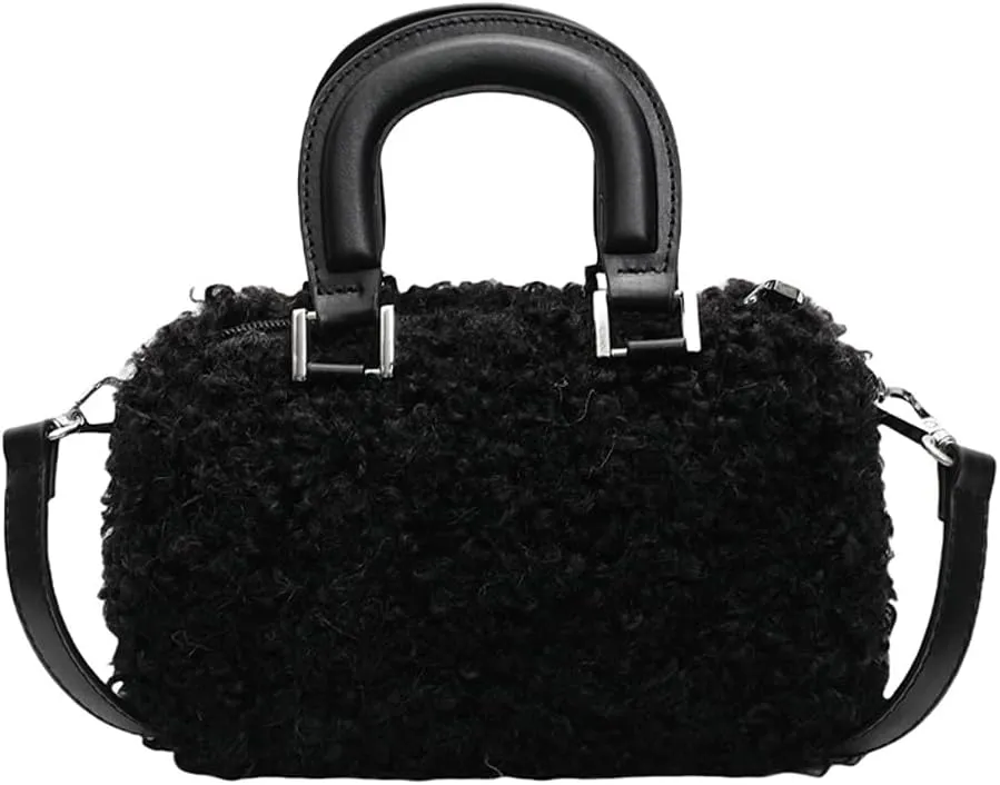 Lamb Wool Crossbody Handbags for Women Fuzzy Purses for Women Vintage Boston Bag Satchel Purse Shoulder Bag Hobo Bag