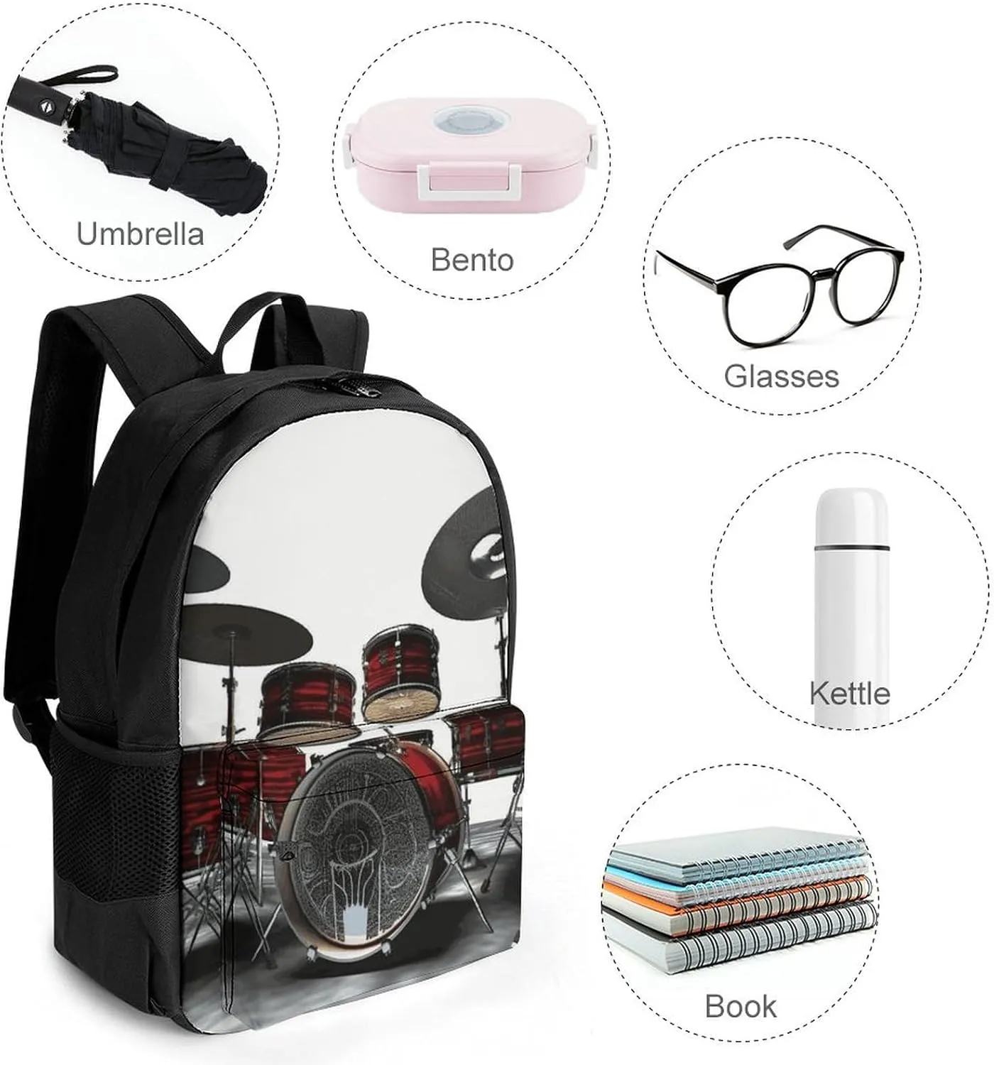Laptop Backpack for Men Women Lightweight Backpack Cool Drum Set Daypack Rucksack with Compartment Laptop Bag