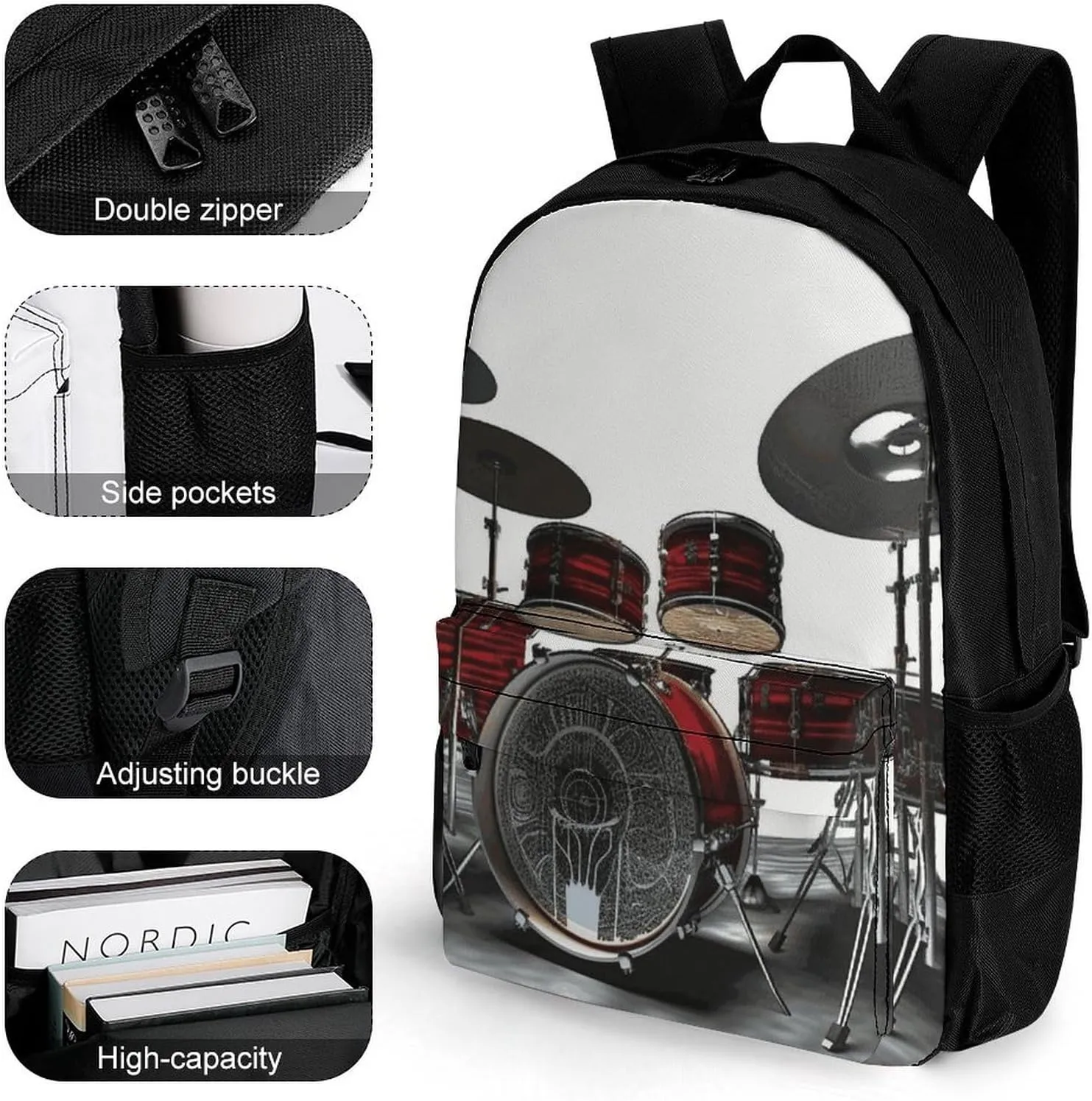 Laptop Backpack for Men Women Lightweight Backpack Cool Drum Set Daypack Rucksack with Compartment Laptop Bag
