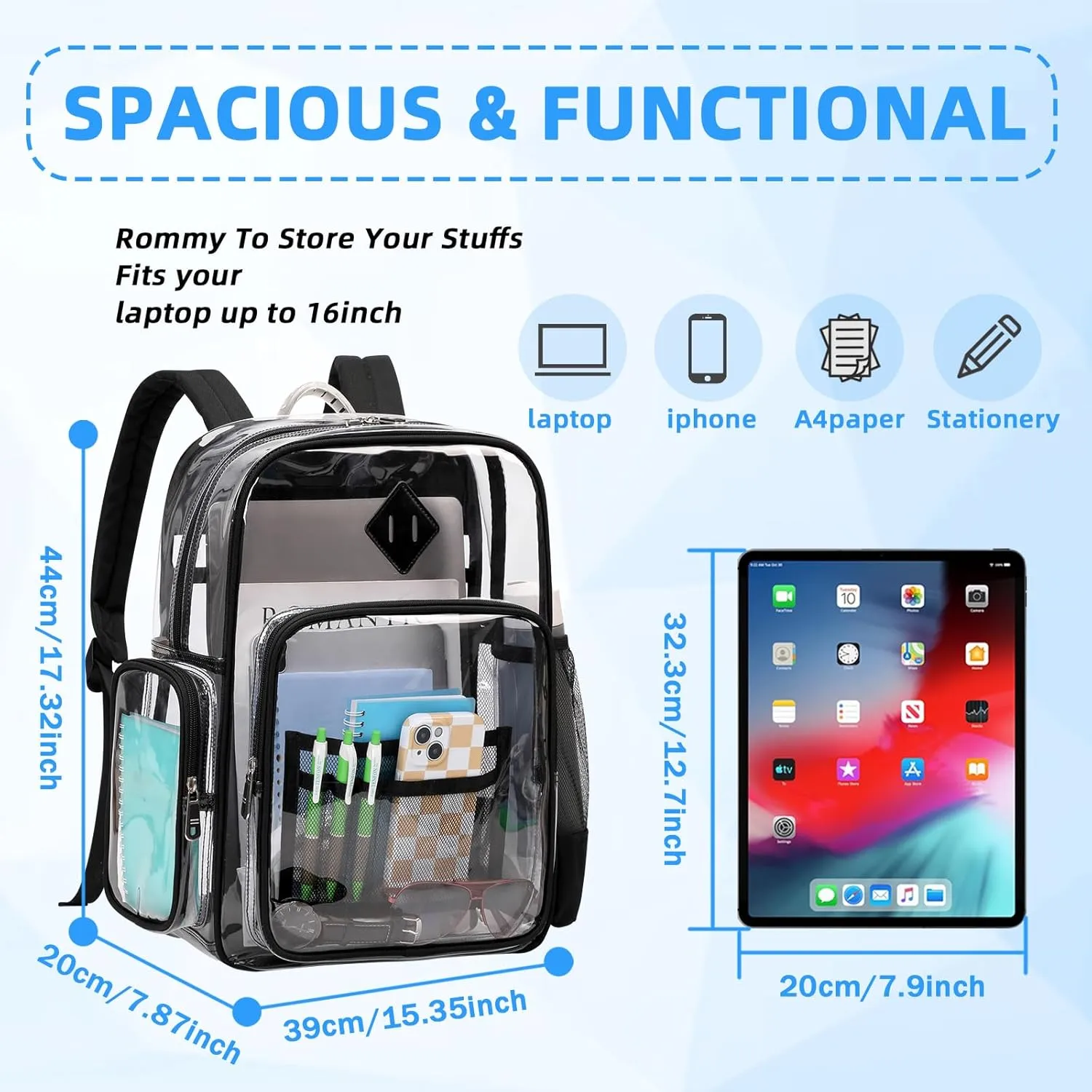 Large Clear Backpack Stadium Events Heavy Duty PVC Transparent Bookbag with Lunch Bag for School See Through Back Pack Fits 16 inch Laptop for College Work Travel, Black(2 PC SET)