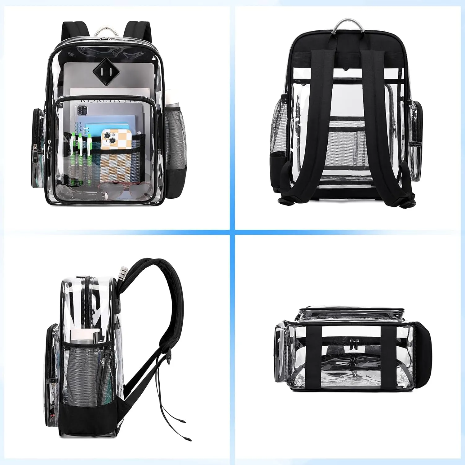 Large Clear Backpack Stadium Events Heavy Duty PVC Transparent Bookbag with Lunch Bag for School See Through Back Pack Fits 16 inch Laptop for College Work Travel, Black(2 PC SET)