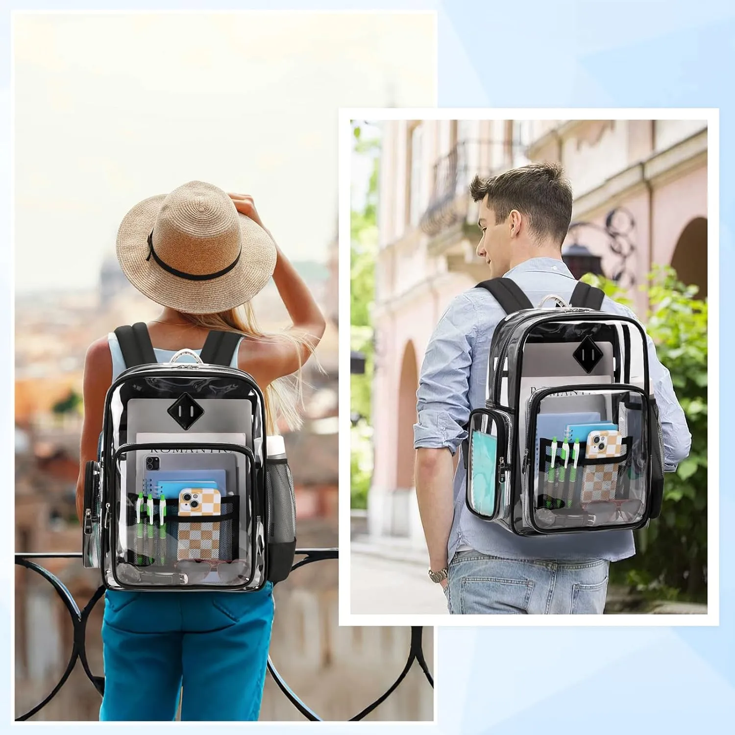 Large Clear Backpack Stadium Events Heavy Duty PVC Transparent Bookbag with Lunch Bag for School See Through Back Pack Fits 16 inch Laptop for College Work Travel, Black(2 PC SET)
