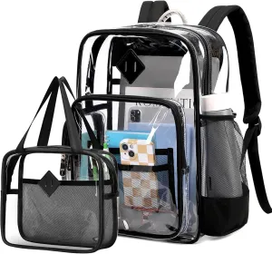 Large Clear Backpack Stadium Events Heavy Duty PVC Transparent Bookbag with Lunch Bag for School See Through Back Pack Fits 16 inch Laptop for College Work Travel, Black(2 PC SET)