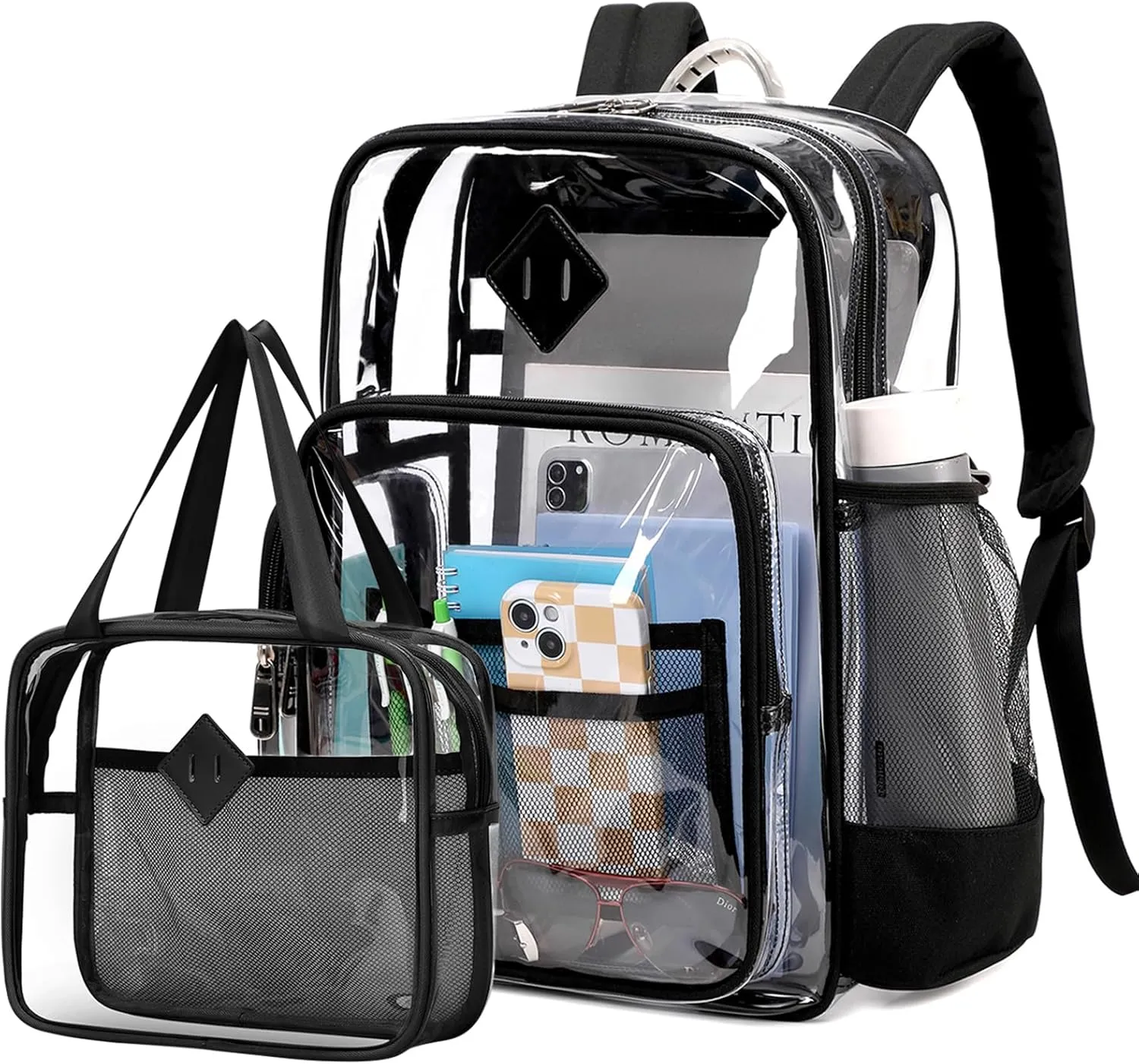 Large Clear Backpack Stadium Events Heavy Duty PVC Transparent Bookbag with Lunch Bag for School See Through Back Pack Fits 16 inch Laptop for College Work Travel, Black(2 PC SET)
