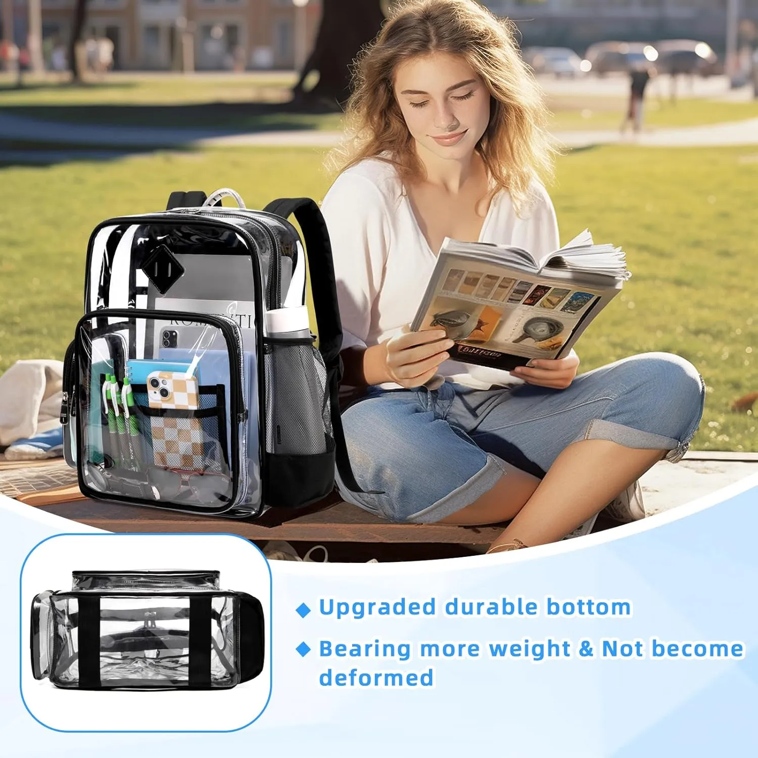 Large Clear Backpack Stadium Events Heavy Duty PVC Transparent Bookbag with Lunch Bag for School See Through Back Pack Fits 16 inch Laptop for College Work Travel, Black(2 PC SET)