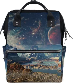 Large Diaper Bag Backpack Alien Planet Moon And Mountains Cosmetology Bag Waterproof Hairstylist Traveling Bag