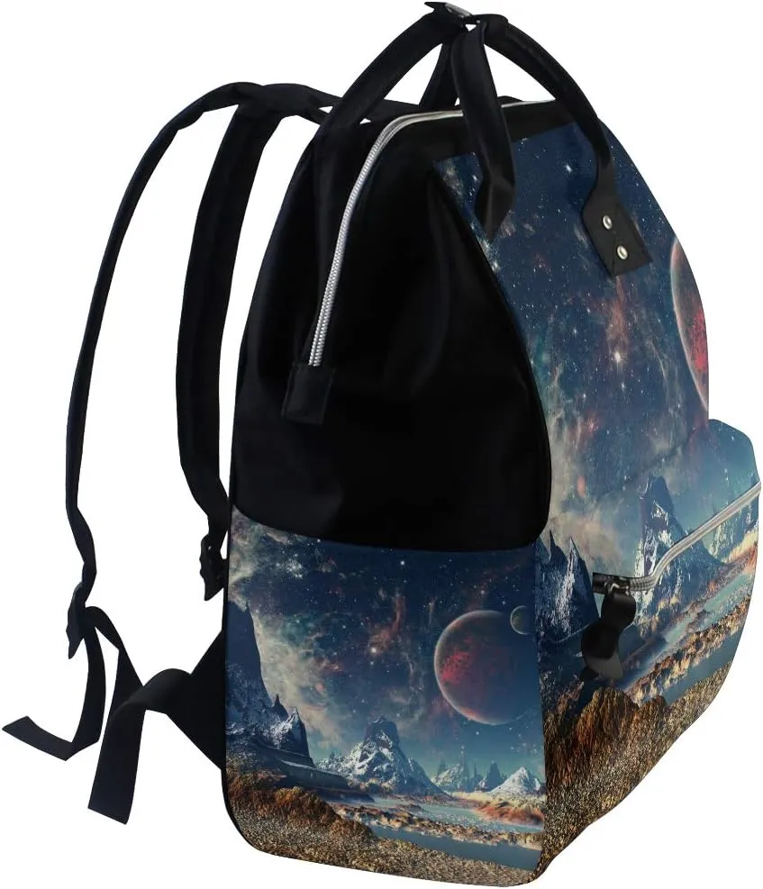 Large Diaper Bag Backpack Alien Planet Moon And Mountains Cosmetology Bag Waterproof Hairstylist Traveling Bag