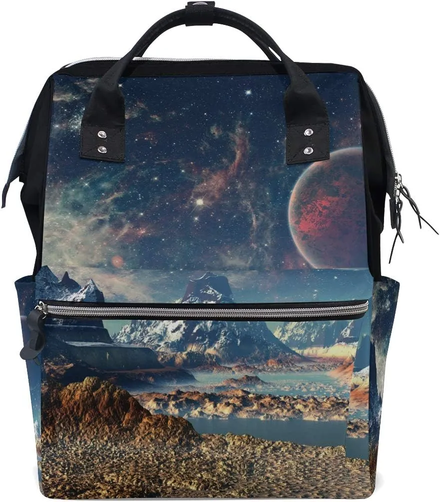 Large Diaper Bag Backpack Alien Planet Moon And Mountains Cosmetology Bag Waterproof Hairstylist Traveling Bag