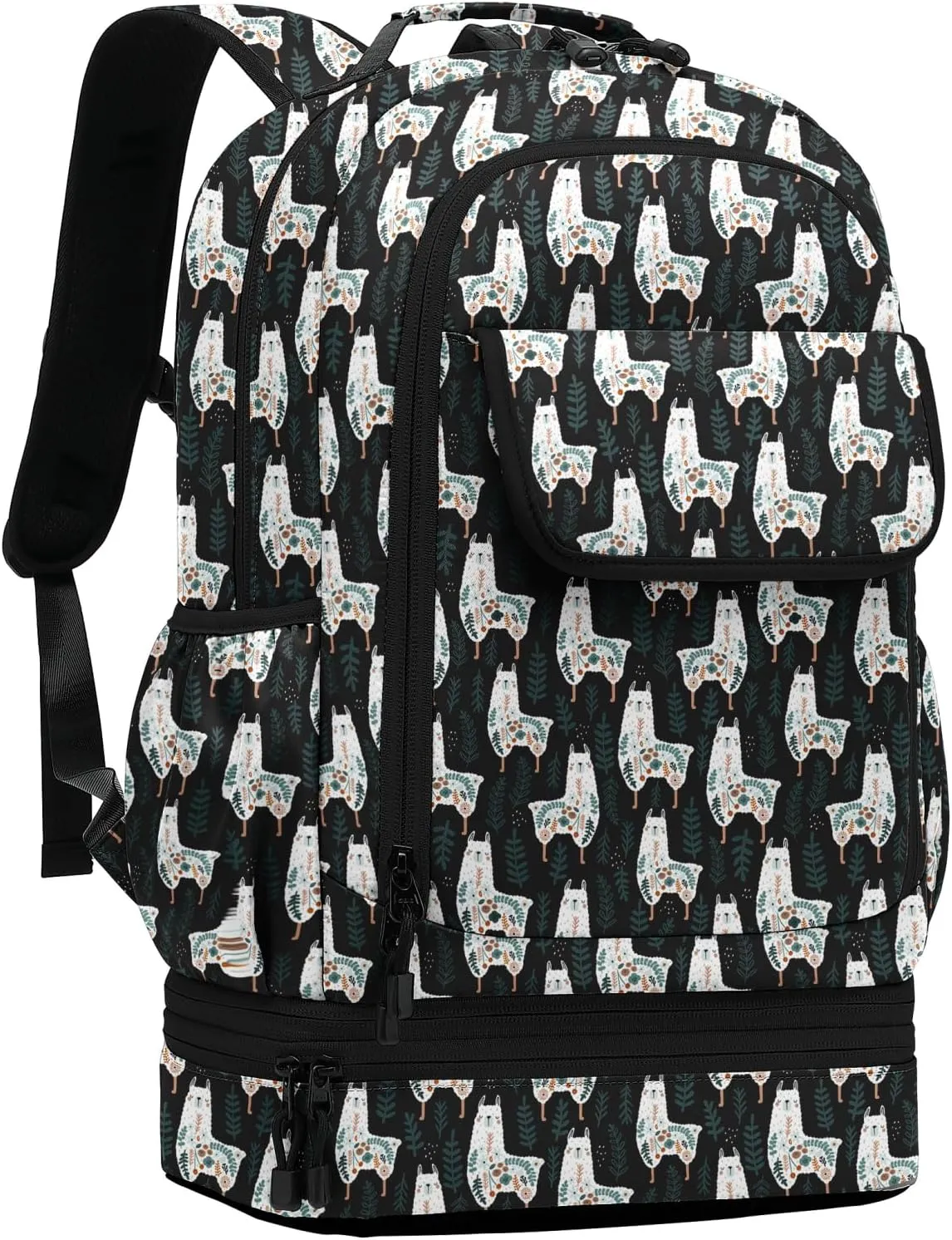 Leaper Cute Alpaca Laptop Backpack Water-resistant Double Deck Insulated Lunch Bag Satchel Black