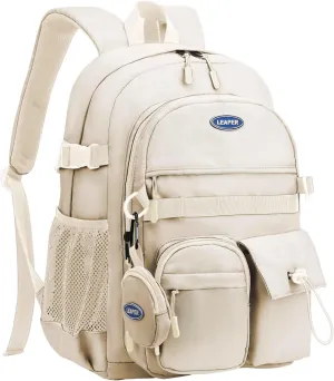 Leaper School Laptop Backpack for Women: Water Resistant Travel Backpack with Water Bottle Pocket - Laptop Bag for College Work - Lightweight Bookbag for Kids Girls Boys Beige