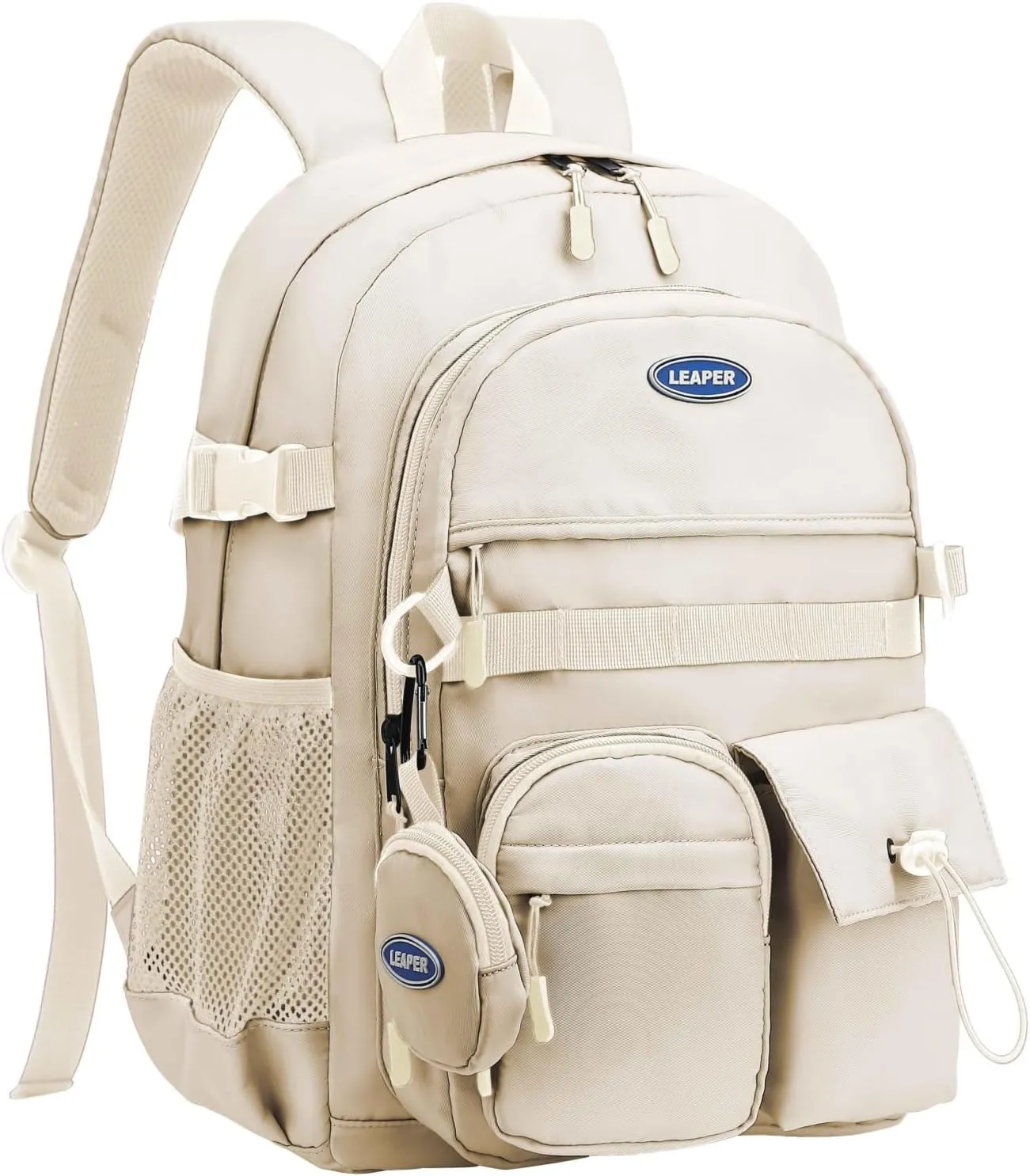 Leaper School Laptop Backpack for Women: Water Resistant Travel Backpack with Water Bottle Pocket - Laptop Bag for College Work - Lightweight Bookbag for Kids Girls Boys Beige