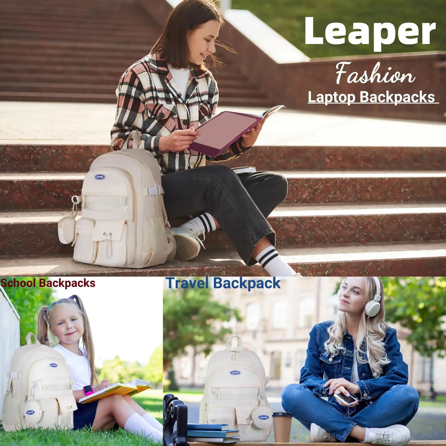 Leaper School Laptop Backpack for Women: Water Resistant Travel Backpack with Water Bottle Pocket - Laptop Bag for College Work - Lightweight Bookbag for Kids Girls Boys Beige