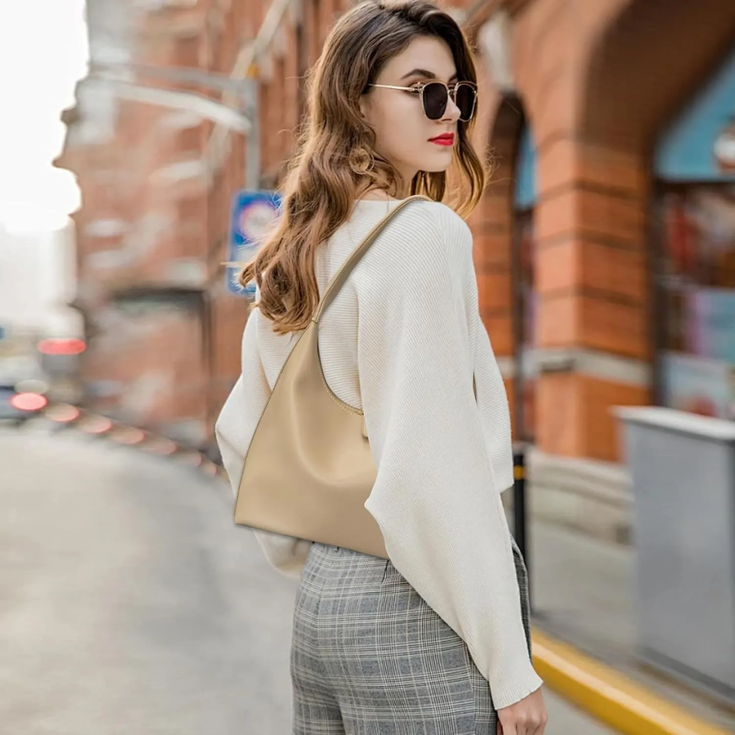 Leather Hobo Bag Small Shoulder Purses for Women Slouchy Tote Handbag Vegan Leather Crescent Bag