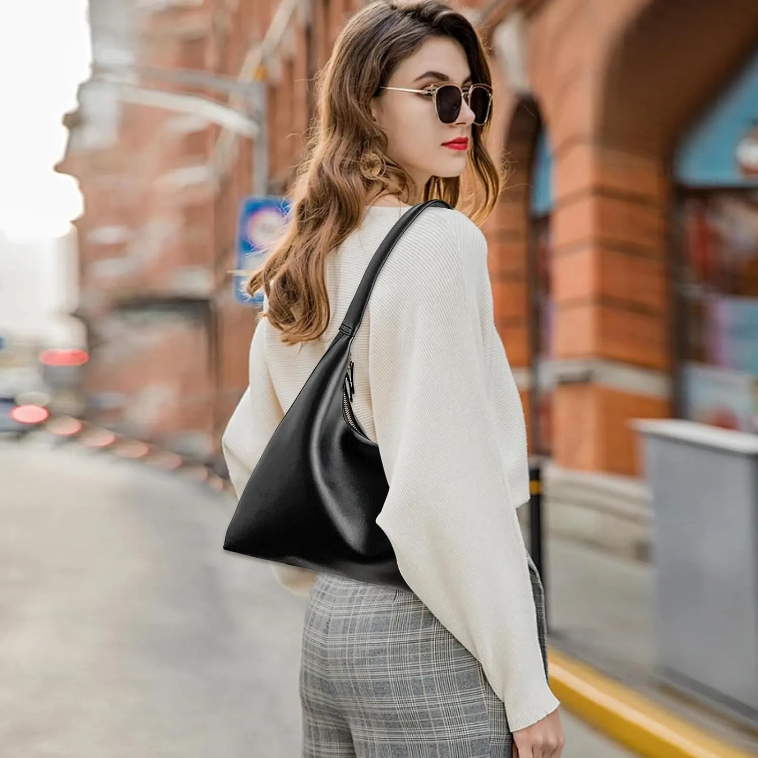 Leather Hobo Bag Small Shoulder Purses for Women Slouchy Tote Handbag Vegan Leather Crescent Bag