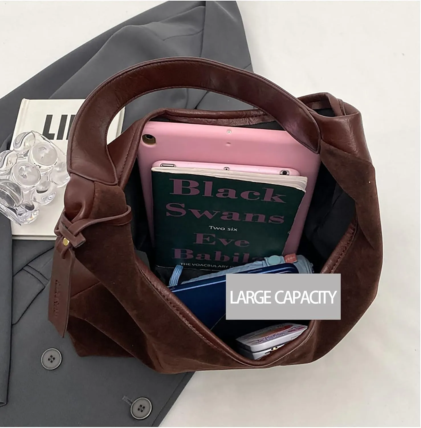 Leather Hobo Bags for Women - Brown Suede Slouchy Tote Bags - Fall Winter Purses & Handbags