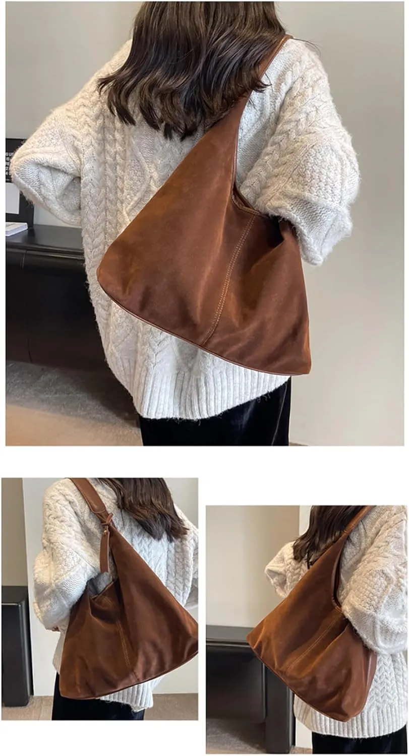 Leather Hobo Bags for Women - Brown Suede Slouchy Tote Bags - Fall Winter Purses & Handbags