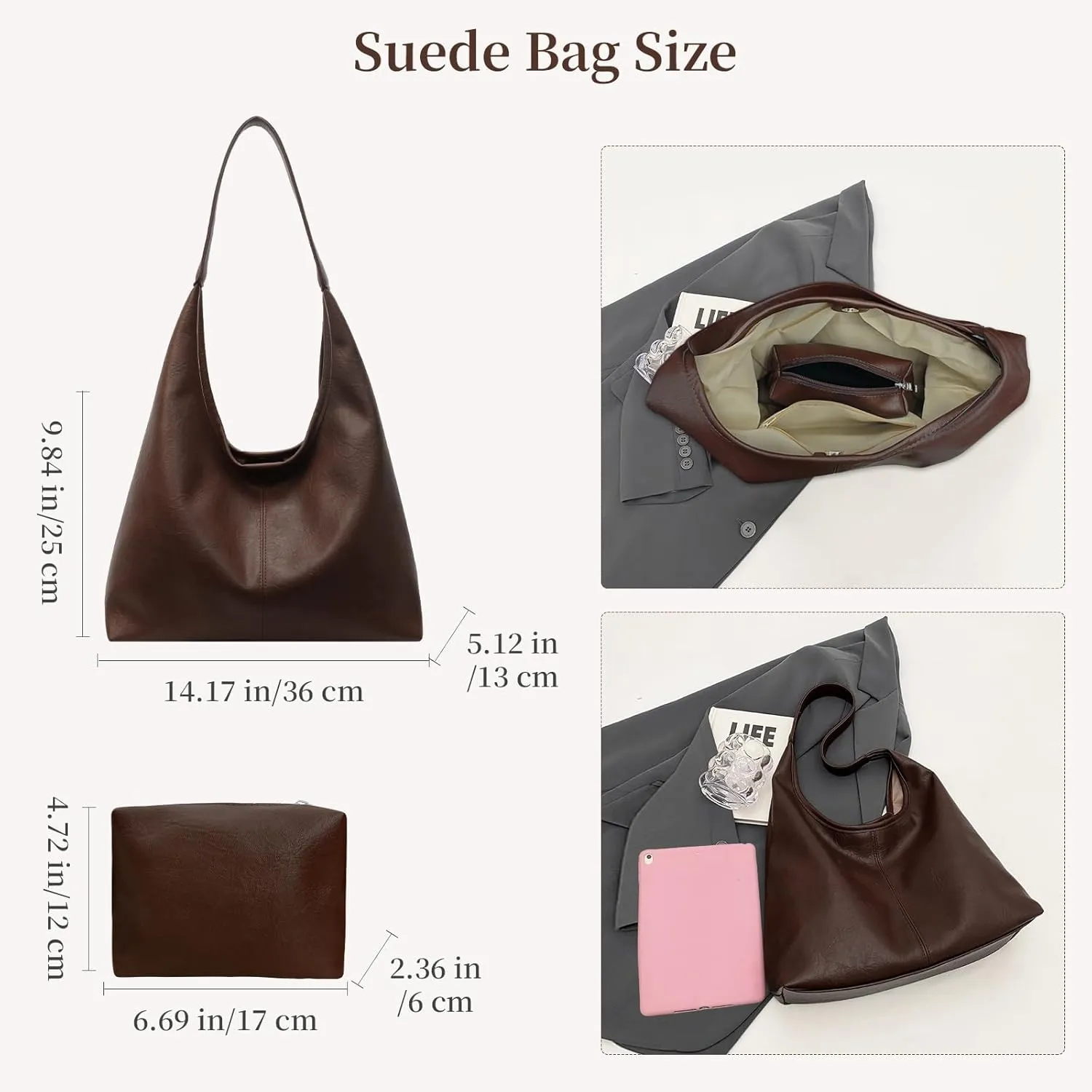 Leather Hobo Bags for Women Slouchy Tote Bag Retro PU Leather Purse Soft Shoulder Handbags Large Work Tote Bag 2pcs
