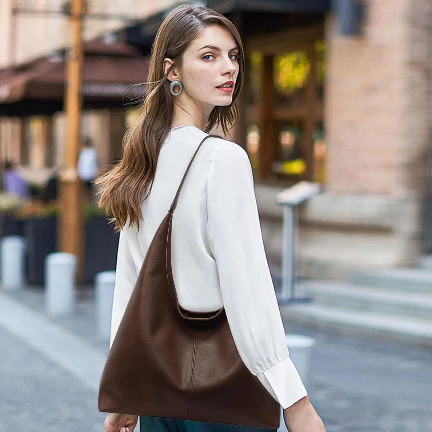 Leather Hobo Bags for Women Slouchy Tote Bag Retro PU Leather Purse Soft Shoulder Handbags Large Work Tote Bag 2pcs