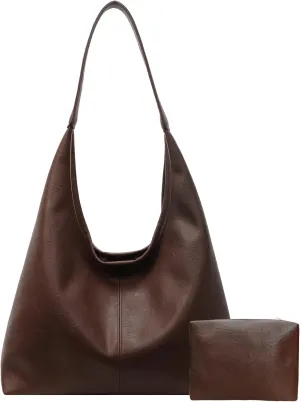 Leather Hobo Bags for Women Slouchy Tote Bag Retro PU Leather Purse Soft Shoulder Handbags Large Work Tote Bag 2pcs