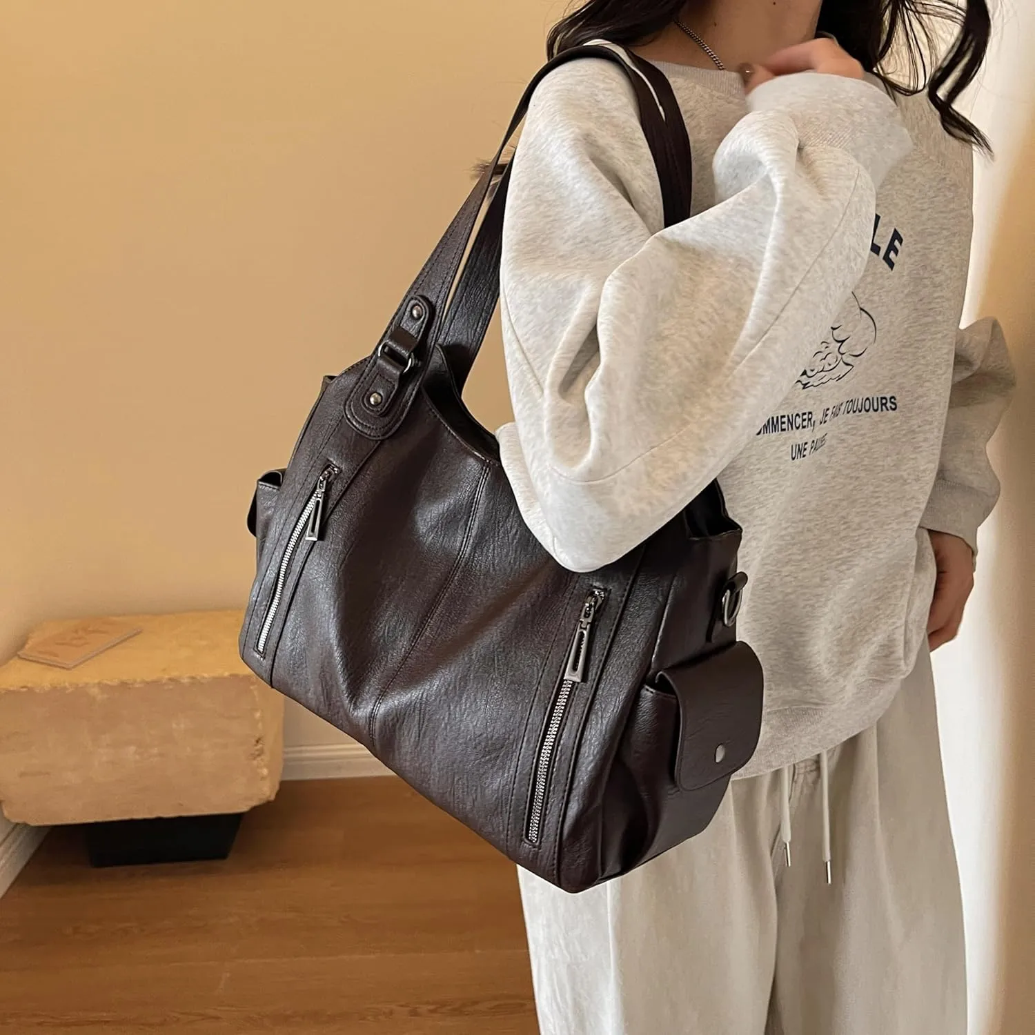 Leather Tote Bag For Women Soft Leather Hobo Purses Large Satchel Bags Crossbody Slouchy Bag Multi Pockets Leather Handbags