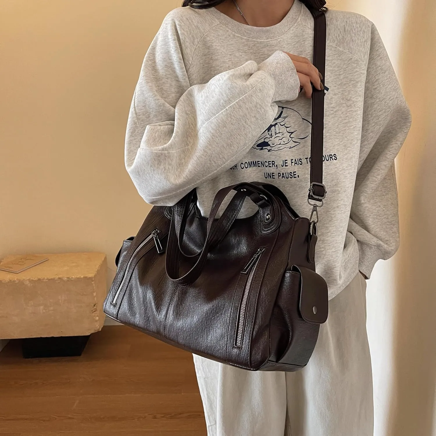 Leather Tote Bag For Women Soft Leather Hobo Purses Large Satchel Bags Crossbody Slouchy Bag Multi Pockets Leather Handbags