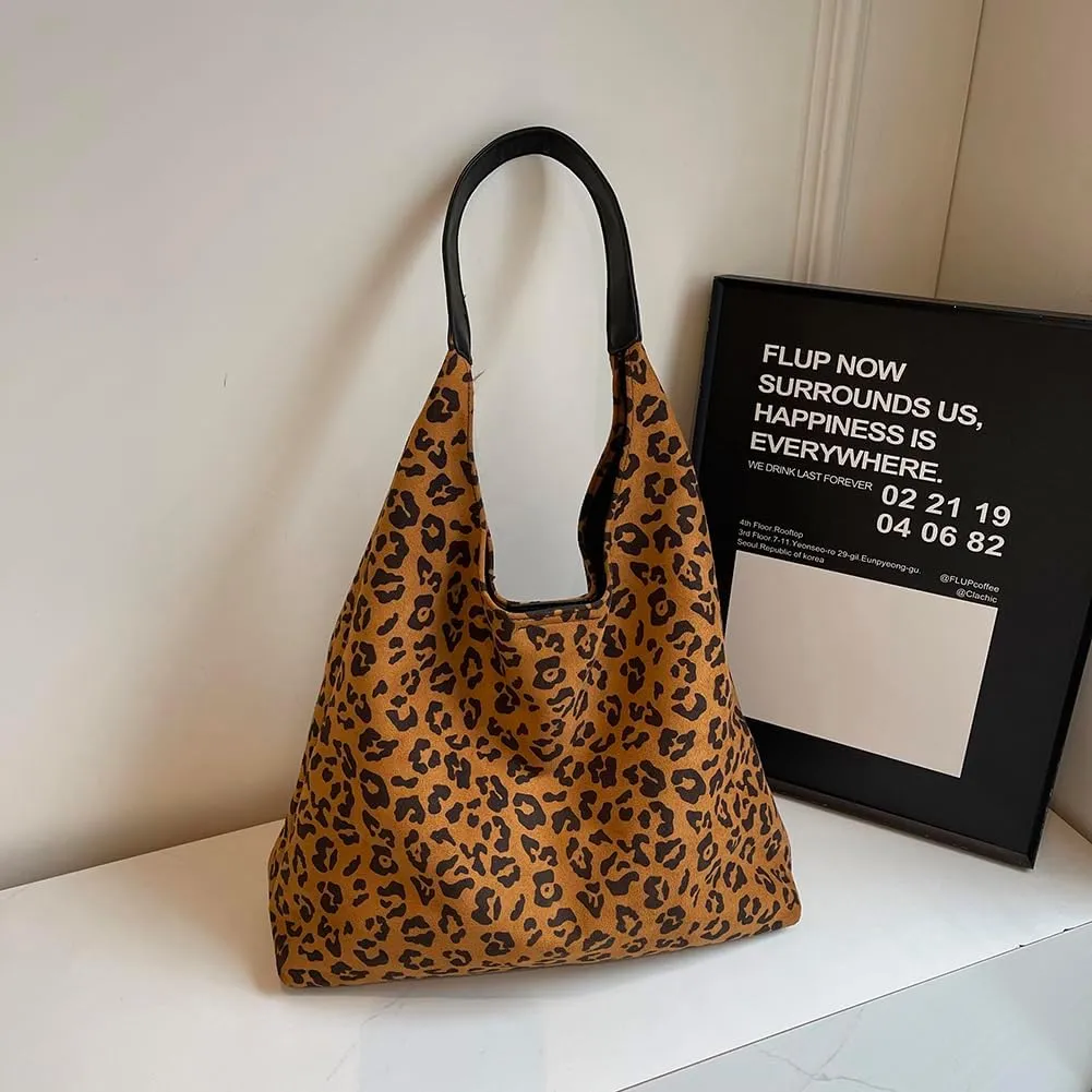 Leopard Tote Bag for Women, Cute Animal Print Purse, Vintage Hobo Bag, Large Capacity, Suede