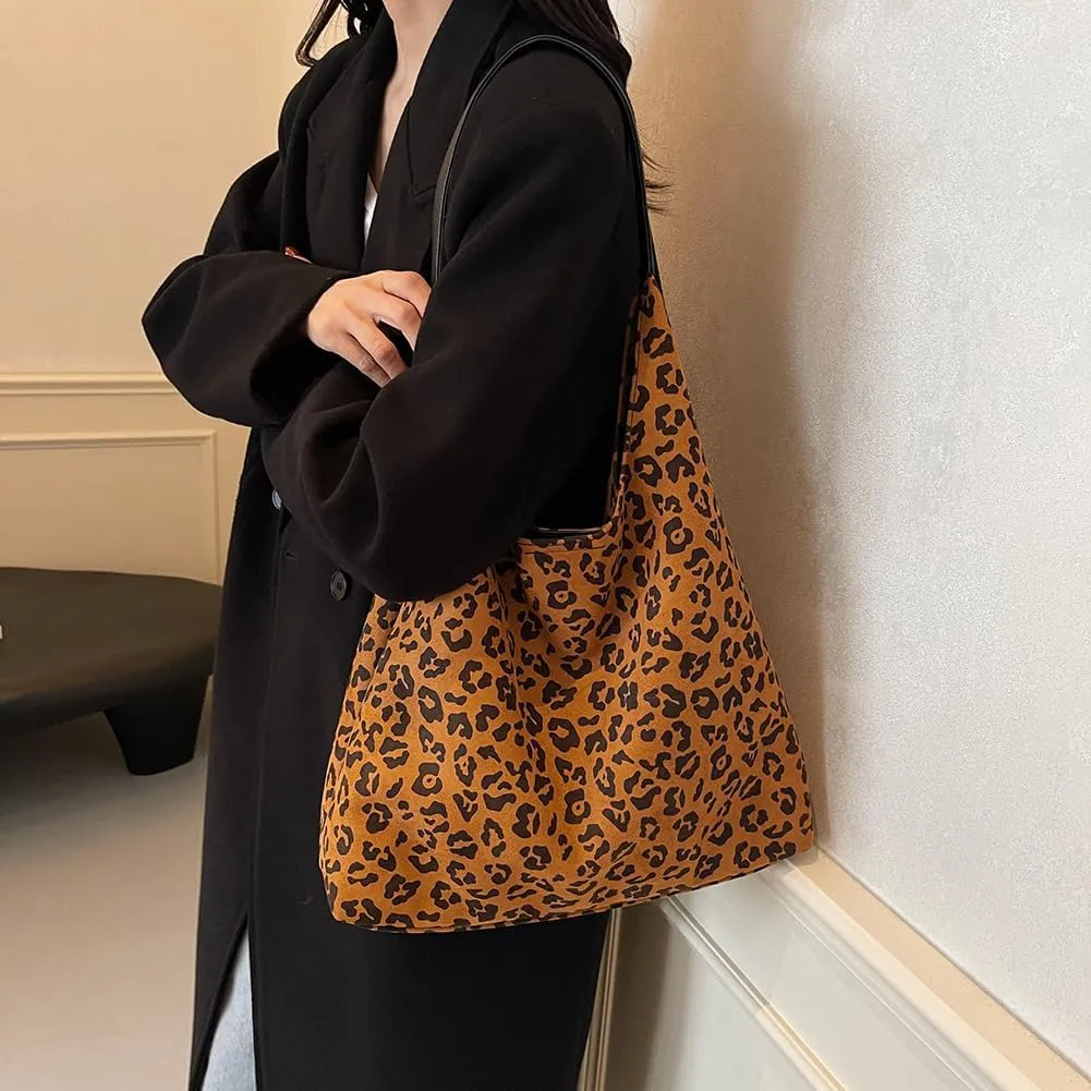 Leopard Tote Bag for Women, Cute Animal Print Purse, Vintage Hobo Bag, Large Capacity, Suede