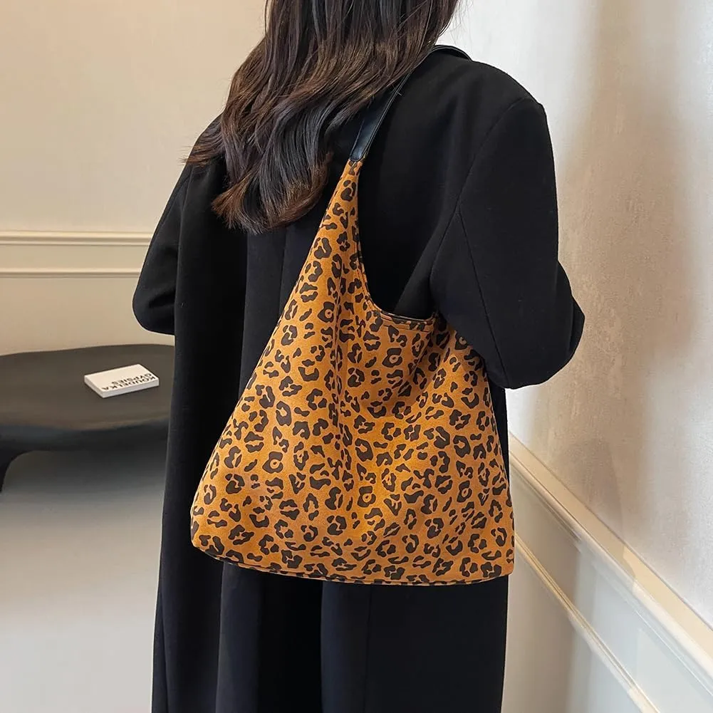 Leopard Tote Bag for Women, Cute Animal Print Purse, Vintage Hobo Bag, Large Capacity, Suede