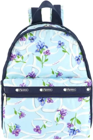LeSportsac Ribbons Of Hope Basic Backpack/Rucksack, Style 7812/Color G823, Artful Indigo & Violet Iris Flowers, Elegant White Ribbons, Dreamy Aqua Blue Bag, Cancer Awareness