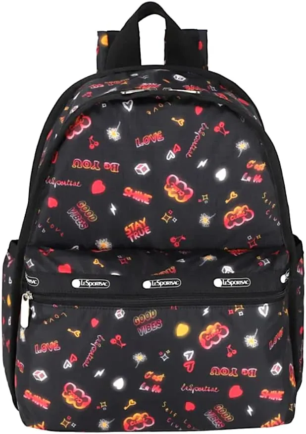 LeSportsac Stay True Basic Backpack/Rucksack, Style 7812/Color E481, Empowering Pop Art Style Words w Tie-Dye Effect: Be You, Stay True, Shine, Self Love Club   Colorful Hearts