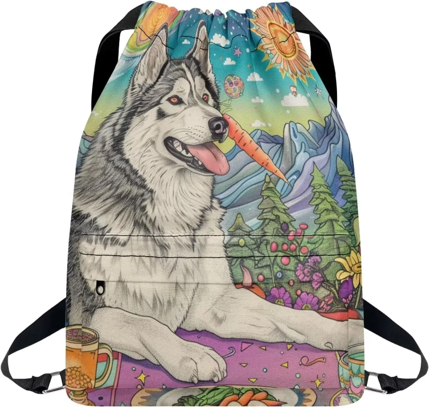 Lightweight String Gym Bag for Men Cute Husky Dog Gym Bag with Adjustable Wide Shoulder Straps Drawstring Backpack with Convenient Multi Pockets for Multiple Uses
