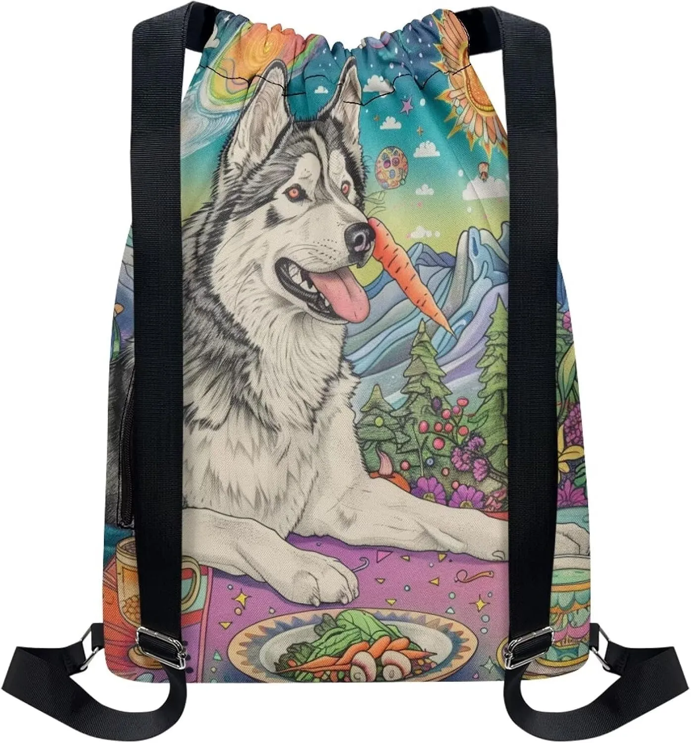 Lightweight String Gym Bag for Men Cute Husky Dog Gym Bag with Adjustable Wide Shoulder Straps Drawstring Backpack with Convenient Multi Pockets for Multiple Uses