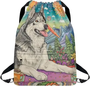Lightweight String Gym Bag for Men Cute Husky Dog Gym Bag with Adjustable Wide Shoulder Straps Drawstring Backpack with Convenient Multi Pockets for Multiple Uses