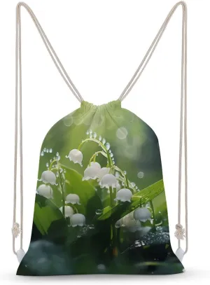 Lily of The Valley Flowers Green Leaves Drawstring Backpack Cute String Bag Canvas Daypack Travel Sackpack 35x50cm