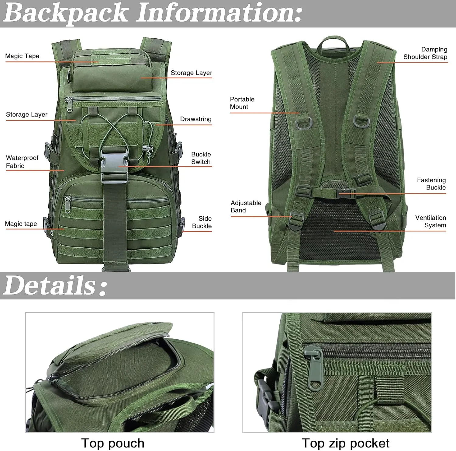 LIMHOO Military Tactical Backpack for Men Women 35L Hiking Trekking Rucksack 3 Day Molle Assault Pack (Army Green)
