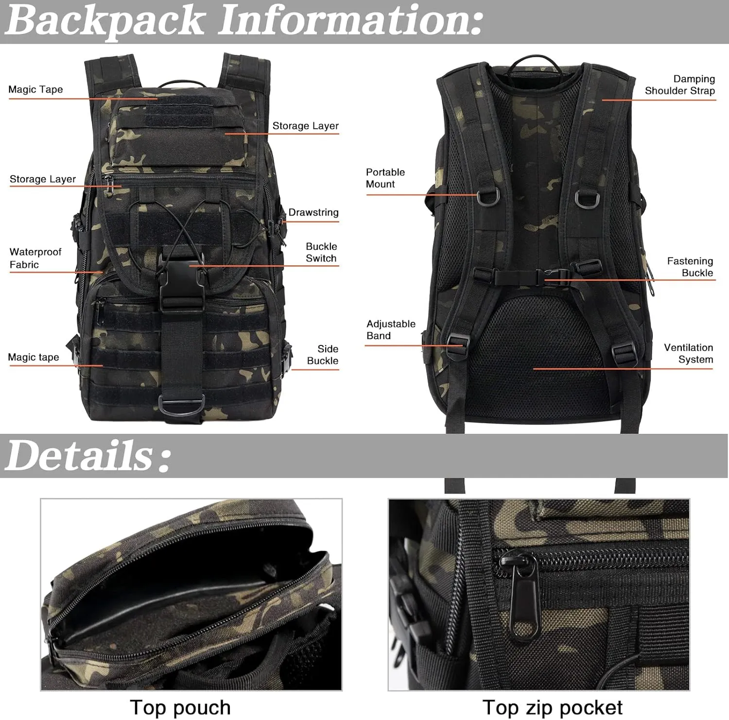LIMHOO Military Tactical Backpack for Men Women 35L Hiking Trekking Rucksack 3 Day Molle Assault Pack (Black CP)