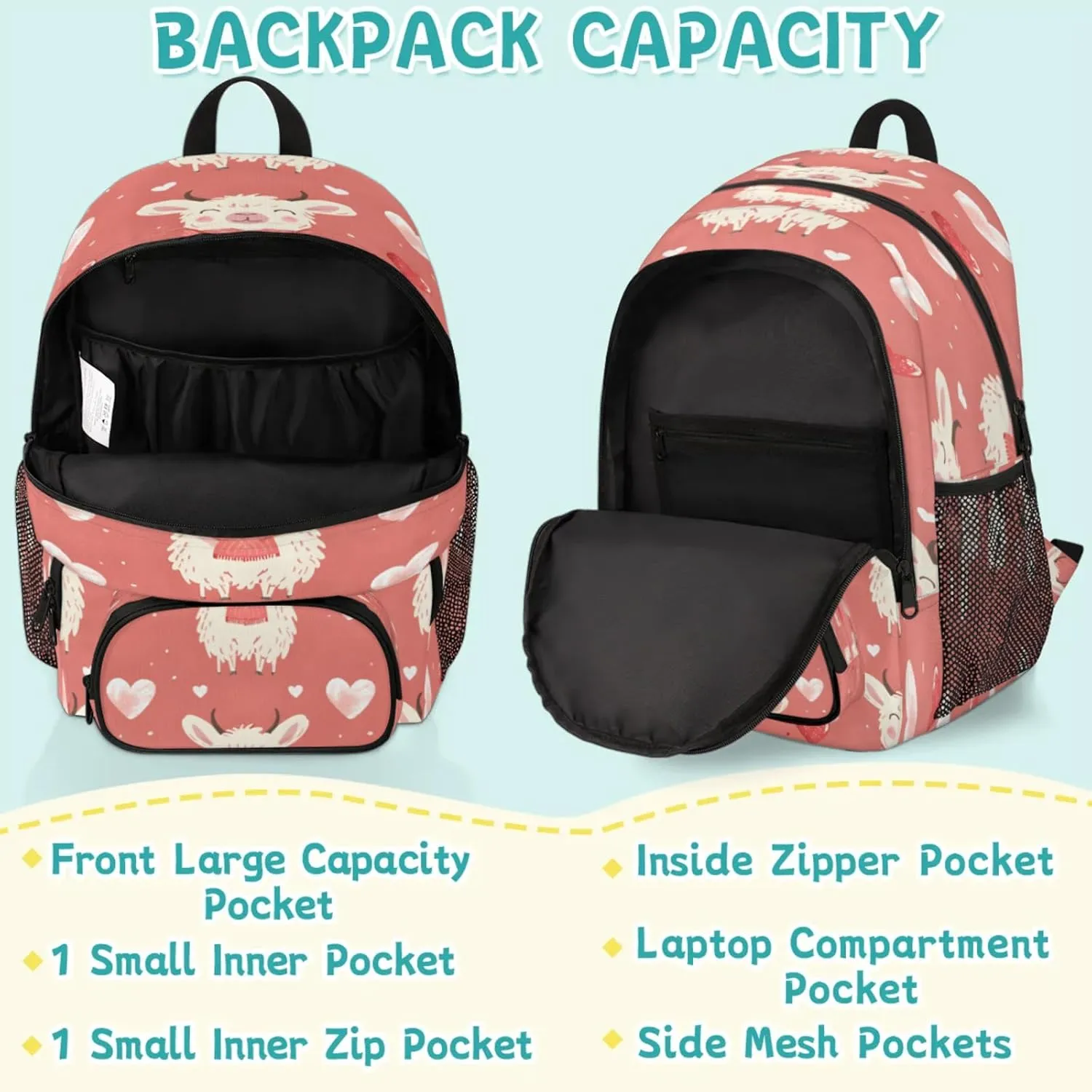 Llama Travel Laptop Backpacks for Women Men, Wildlife Hearts 16.7" Waterproof Back Pack Casual Daypack for Travel